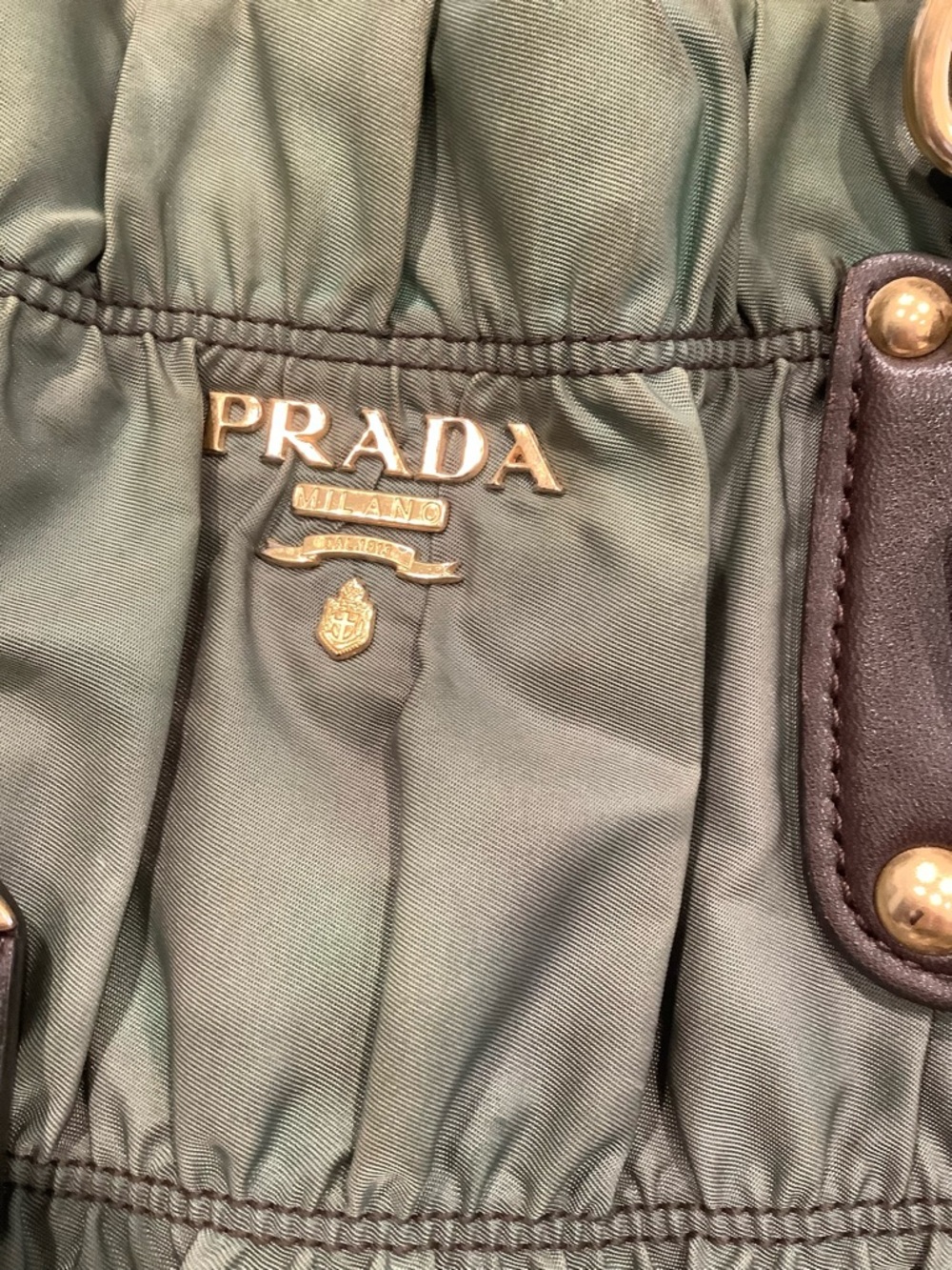 Prada Gaufre Olive Green Nylon Tote w/ Brown Leather Trim. PreLoved w/ sling - Picture 3 of 15